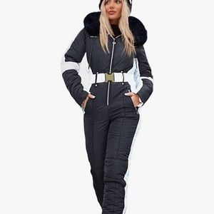 Black and White Ski Suit with Fur Hood